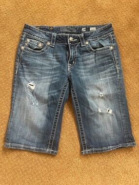 Miss Me Faded Distressed Denim Bermuda Shorts - Blue Wash